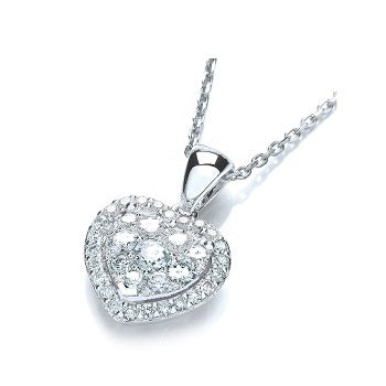 18K White Gold Heart Diamond Halo Pendant Necklace