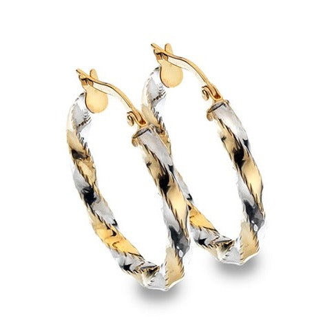 9K White & Yellow Gold Hoop Diamond Cut Earrings 20mm