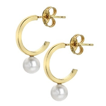 9K Yellow Gold & Pearl Hoop Earrings