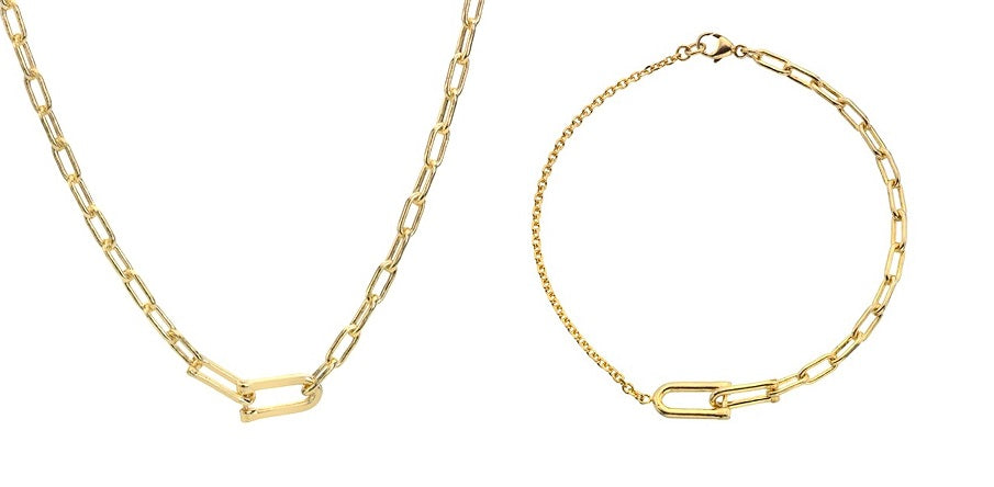 9K Yellow Gold U Link Pendant Necklace & Bracelet Set