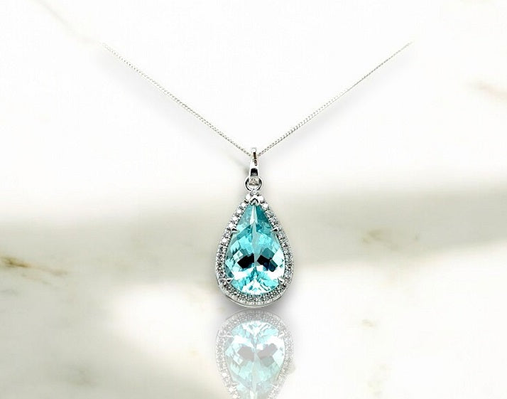 Pear Shape Aquamarine & Diamond Pendant Necklace - Pobjoy Diamonds