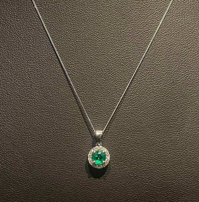 9K Gold Round Cut Emerald & Diamond Pendant 0.50 Carats - Pobjoy Diamonds