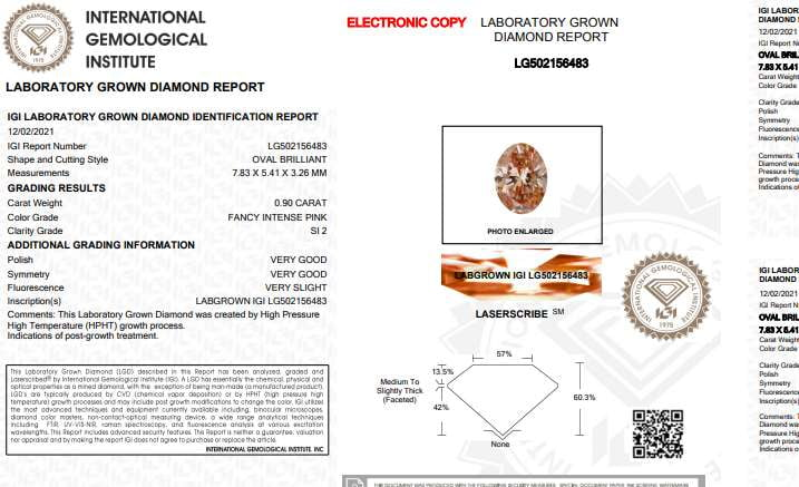 Fancy Intense Pink Oval Cut Lab Grown Diamond 0.90 Carat Si2 - Pobjoy Diamonds