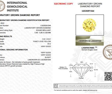 Fancy Vivid Yellow Round Cut Lab Grown Diamond 0.82 Carat - Pobjoy Diamonds