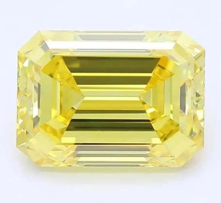 18K Gold Fancy Vivid Yellow Emerald Cut Lab Diamond 1.28 Carat Ring - Pobjoy Diamonds