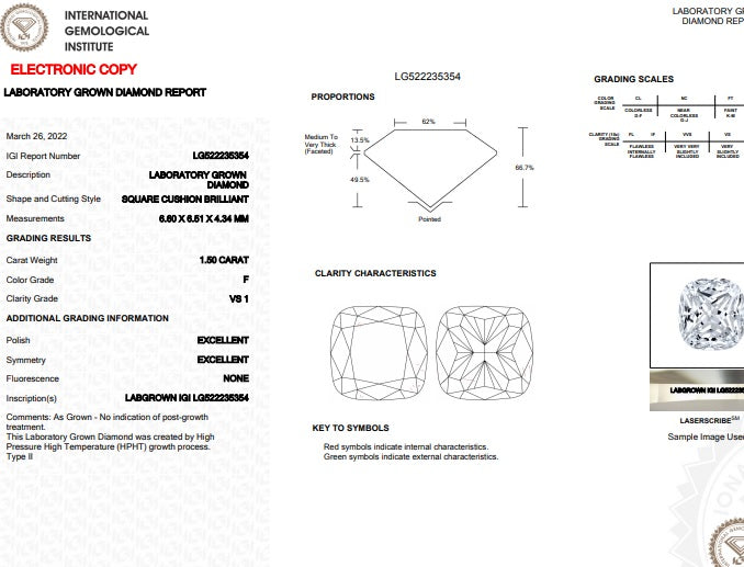 LAB DIAMOND CUSHION BRILLIANT 1.50 CARAT F/VS1 EX EX EX