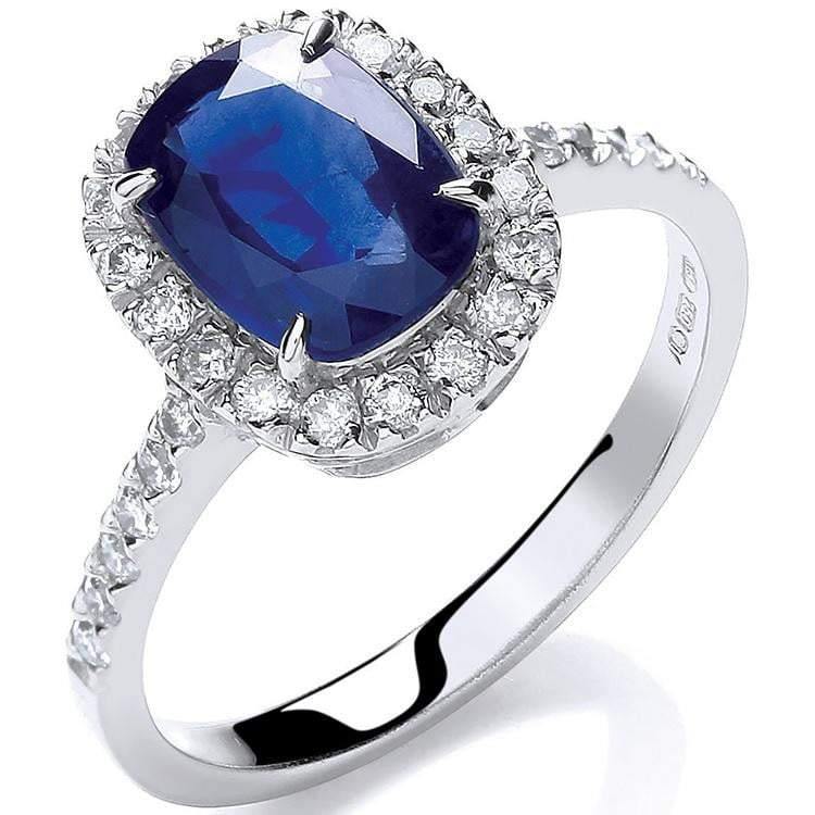 18K White Gold Cushion Cut 1.75 CTW Sapphire & Diamond Ring - Pobjoy Diamonds