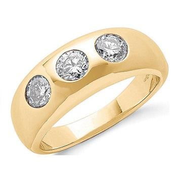 18K Yellow Gold Three Round Brilliant Cut Diamond Gents Ring. Civil Partnership Ring. Pobjoy