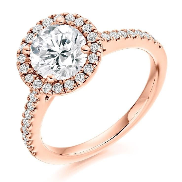 18K Rose Gold Round Cut 1.90 CTW Halo Diamond Ring G/VVS2 - Pobjoy Diamonds