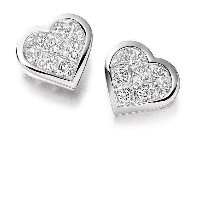 18K Gold Stud Heart Diamond Earrings 1.00 Carat Princess Cut  Pobjoy Diamonds