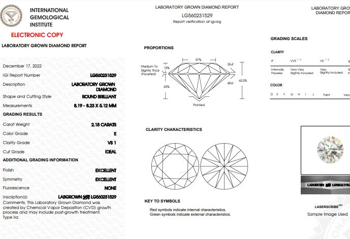 ROUND BRILLIANT 2.15 CARAT E/VS1 IDEAL EX EX LAB DIAMOND