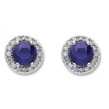 Round Sapphire 9K White Gold & Diamond Studs - Pobjoy 