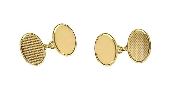 9K Yellow Gold Mens Textured  Oval Chain Link Cufflinks - Pobjoy Diamonds