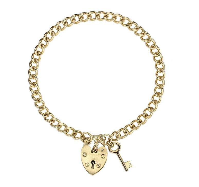 9K Yellow Ladies Gold Curb Bracelet With Padlock & Key - Pobjoy Diamonds