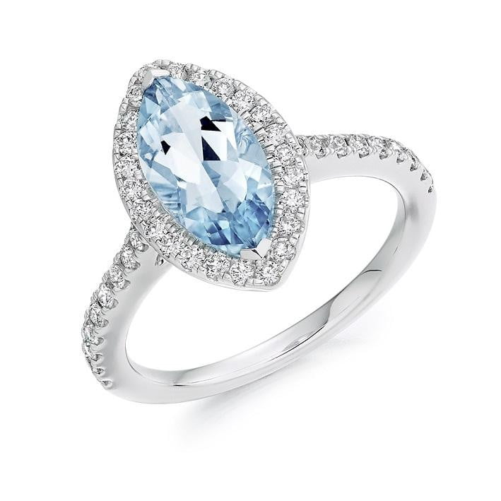 18K White Gold Aquamarine & Halo Diamond Ring - Pobjoy Diamonds