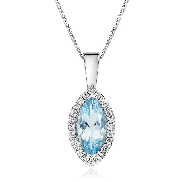 9K White Gold Aquamarine & Diamond Pendant - Pobjoy Diamonds