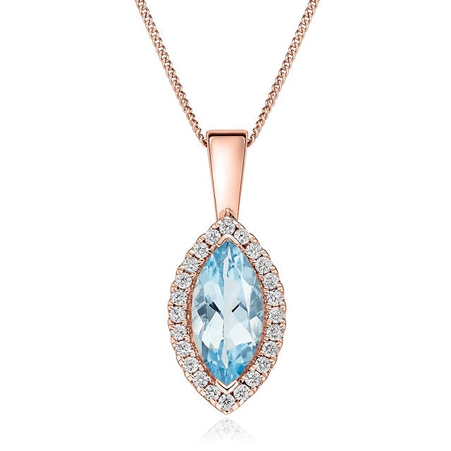 9K Rose Gold Aquamarine & Diamond Pendant - Pobjoy Diamonds