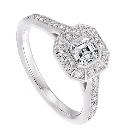 950 Platinum Asscher Cut Diamond Halo & Shoulders Ring 0.70 CTW - Balmoral - Pobjoy Diamonds