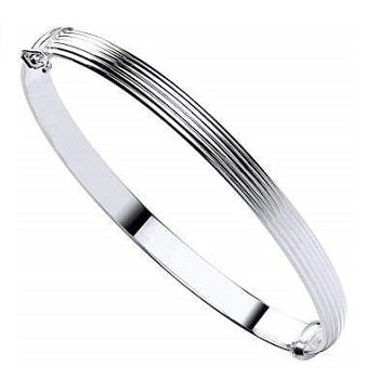 9K White Gold Hollow Ribbed Ladies Hinged Bangle - Pobjoy Diamonds