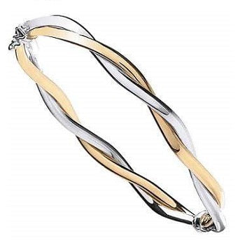 9K White & Yellow Gold Twist Hinged Bangle - Pobjoy Diamonds