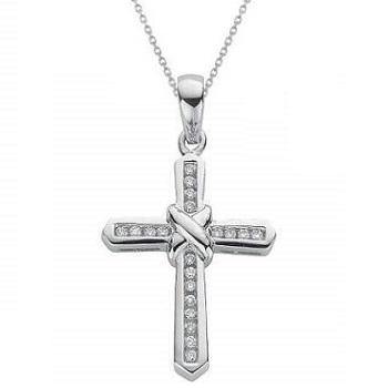 9K White Gold Diamond Cross & Kiss Pendant Necklace 0.25 CTW - Pobjoy Diamonds