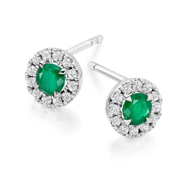 Emerald & Round Brilliant Cut Diamond Ladies Stud Earrings - Pobjoy Diamonds