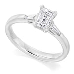 18K White Gold Emerald Cut Solitaire Ring With Side Baguettes 0.90 CTW- G/Si1 - Pobjoy Diamonds