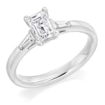 950 Platinum Emerald Cut Solitaire Ring With Side Baguettes 0.90 CTW- G/Si1 - Pobjoy Diamonds