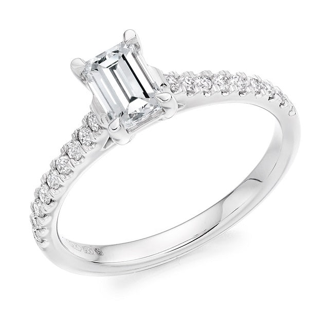 18K Gold Emerald Cut Solitaire Ring With Diamond Set Shoulders 1.00 CTW- G/VS2 - Pobjoy Diamonds