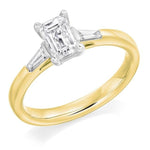 18K Yellow Gold Emerald Cut Solitaire Ring With Side Baguettes 0.90 CTW- G/Si1 - Pobjoy Diamonds