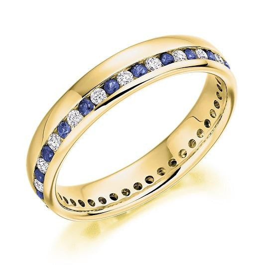 18K Yellow Gold Channel Set Blue Sapphire & Diamond Full Eternity Ring 0.57 CTW - Pobjoy Diamonds