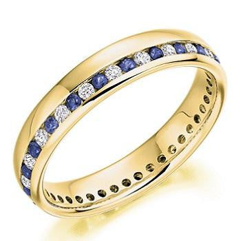 18K Yellow Gold Channel Set Blue Sapphire & Diamond Full Eternity Ring 0.57 CTW - Pobjoy Diamonds