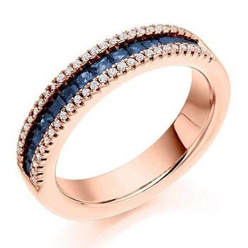 18K Rose Gold Princess Cut Sapphire & Diamond Half Eternity Ring - 0.85 CTW - Pobjoy Diamonds