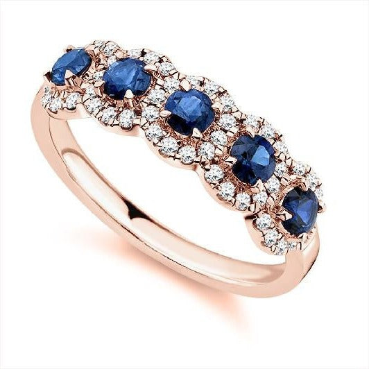 18K Rose Gold Vintage Style Blue Sapphire & Diamond Half Eternity Ring 0.85 CTW - Pobjoy Diamonds