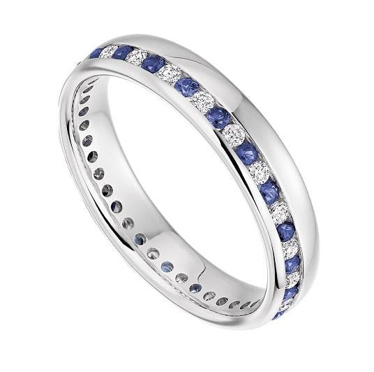 18K White Gold Channel Set Blue Sapphire & Diamond Full Eternity Ring 0.57 CTW - Pobjoy Diamonds