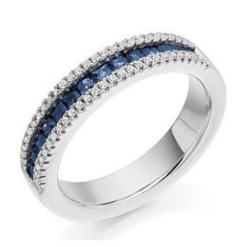 9K White Gold Princess Cut Sapphire & Diamond Half Eternity Ring - Pobjoy Diamonds