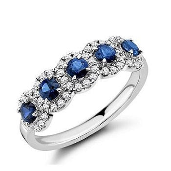 18K White Gold Vintage Style Blue Sapphire & Diamond Half Eternity Ring 0.85 CTW - Pobjoy Diamonds