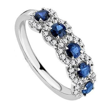 18K White Gold Vintage Style Blue Sapphire & Diamond Half Eternity Ring 0.85 CTW - Pobjoy Diamonds