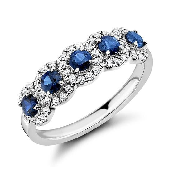 9K White Gold Vintage Style Blue Sapphire & Diamond Half Eternity Ring 0.85 CTW - Pobjoy Diamonds