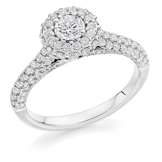 18K White Gold Diamond Halo & Shoulders Engagement Ring 1.33 CTW - Maranello F-VS1 - Pobjoy Diamonds