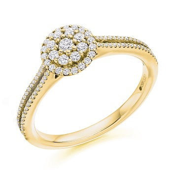 18K Gold Split Shoulders 0.40 CTW Round Brilliant Cut Diamond Halo & Shoulders Ring - Pobjoy Diamonds