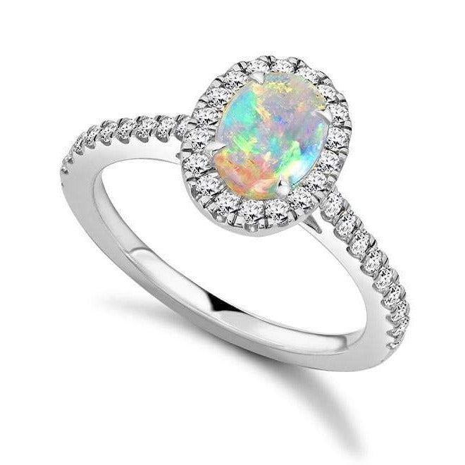 18K White Gold Oval Opal & Diamond Halo Ring 0.85 CTW - Pobjoy Diamonds