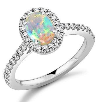 18K White Gold Oval Opal & Diamond Halo Ring 0.85 CTW - Pobjoy Diamonds