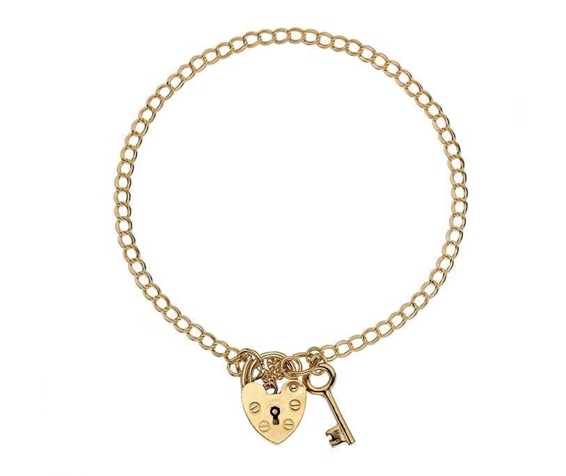 9K Yellow Gold Lighter Weight Curb & Padlock With Key Charm Bracelet - Pobjoy Diamonds