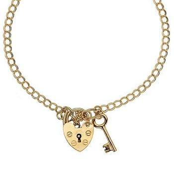 9K Yellow Gold Lighter Weight Curb & Padlock With Key Charm Bracelet - Pobjoy Diamonds