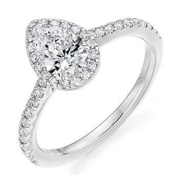 18K Gold Pear Shape Diamond Halo & Shoulder 0.85 CTW Ring - G/VS - Pobjoy Diamonds