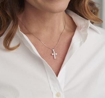 Freshwater Culured White Pearl Cross Pendant & Neck Chain - Pobjoy Diamonds