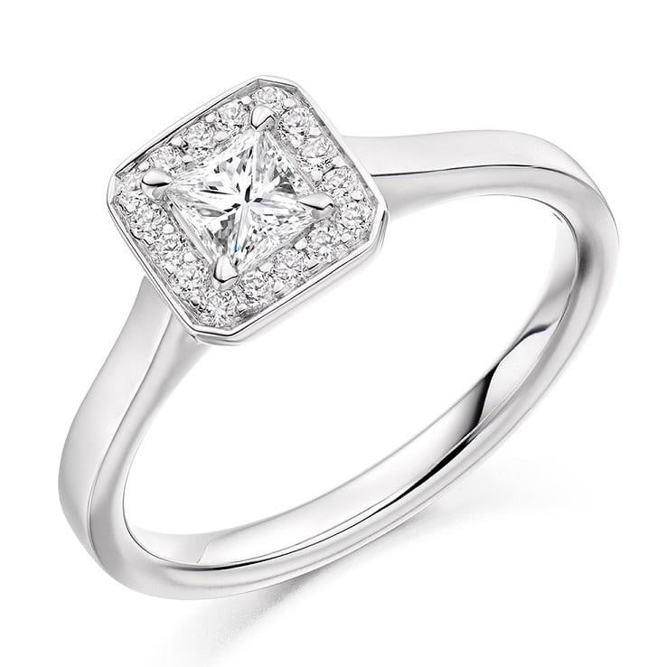 18K White Gold 0.48 CTW Princess Cut Halo Diamond Ring - Pobjoy Diamonds