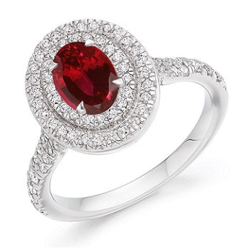 18K White Gold Oval Ruby & Diamond Cluster Ring - 1.40 CTW - Pobjoy Diamonds