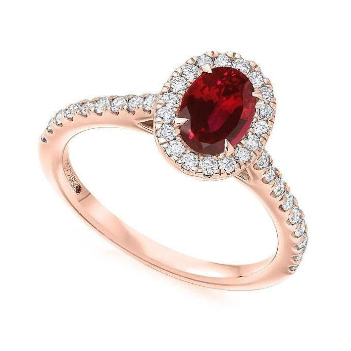 18K Rose Gold Ruby & Diamond Halo & Shoulders Engagement Ring F-G/VS - Pobjoy Diamonds